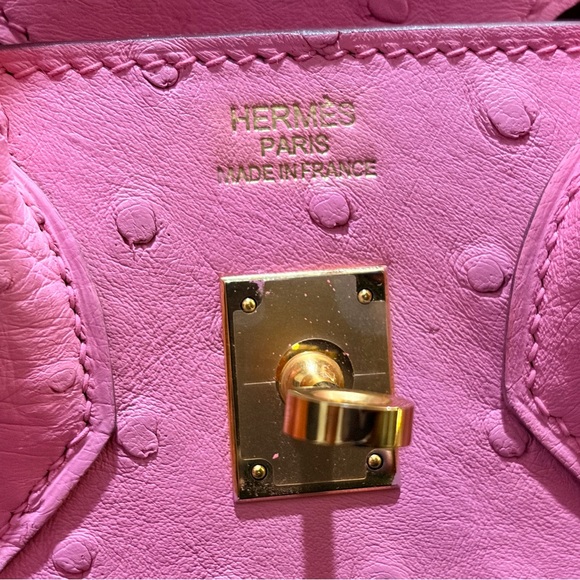 Birkin Style Bag B25 Pink Ostrich Leather Gold Hardware Made in France Purse - Picture 12 of 14